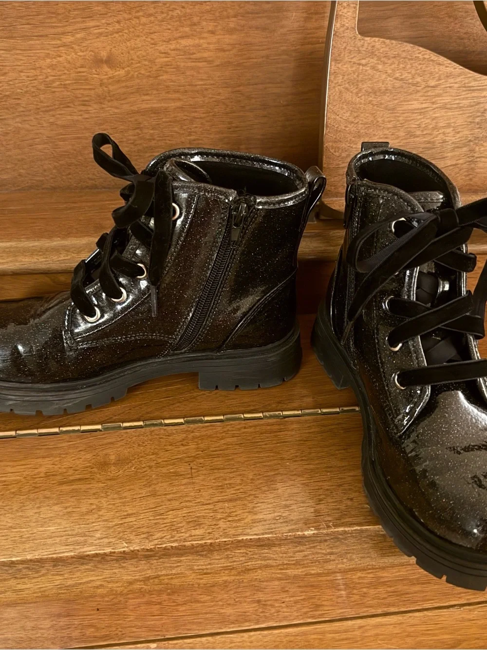 Wonder Nation Girls Black Glitter Combat Boots Lace Up Side Zip Toddler Size 2